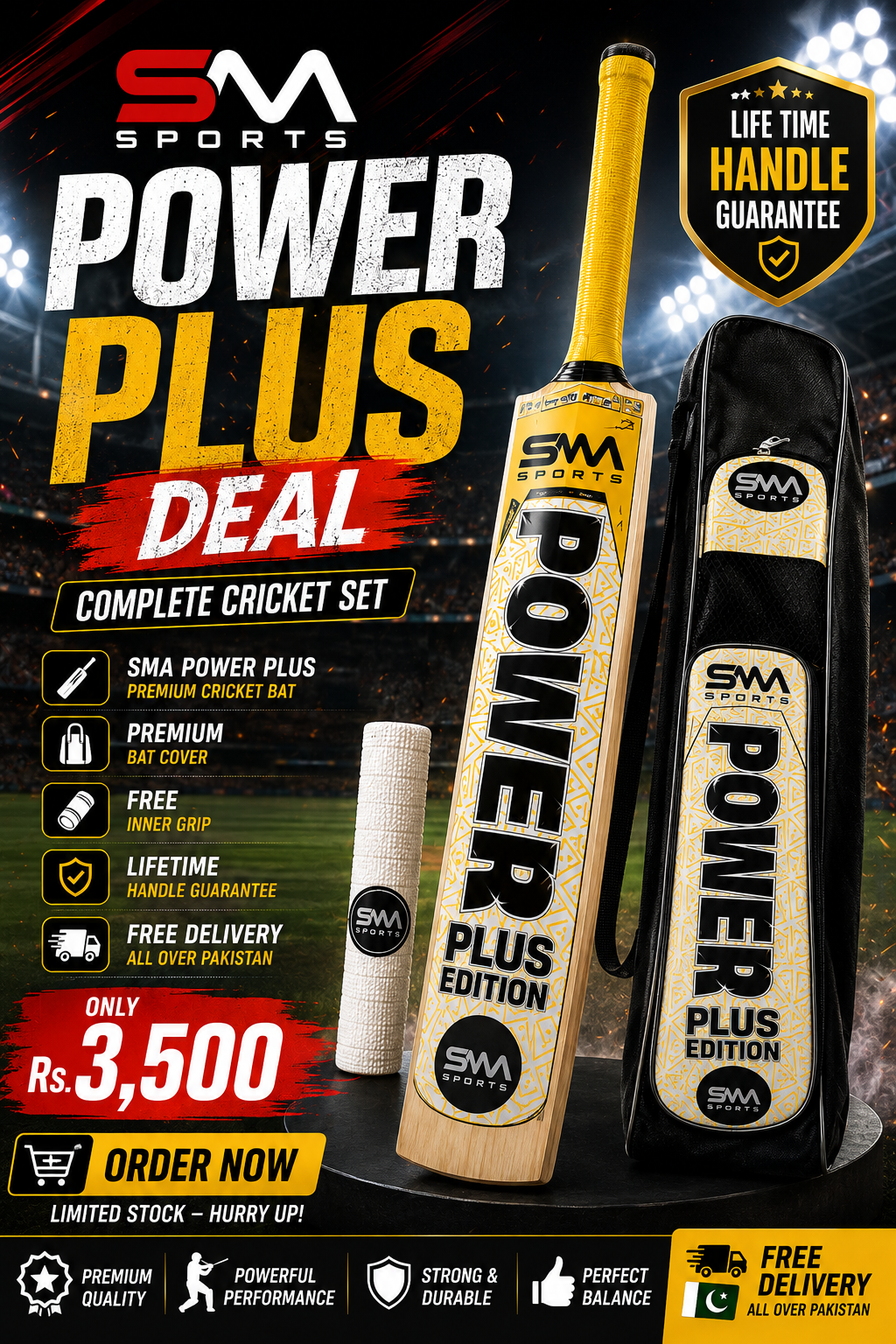 SM Power Plus Edition Cricket Bat with Premium Cover – Lifetime Handle Warranty | Pakistan