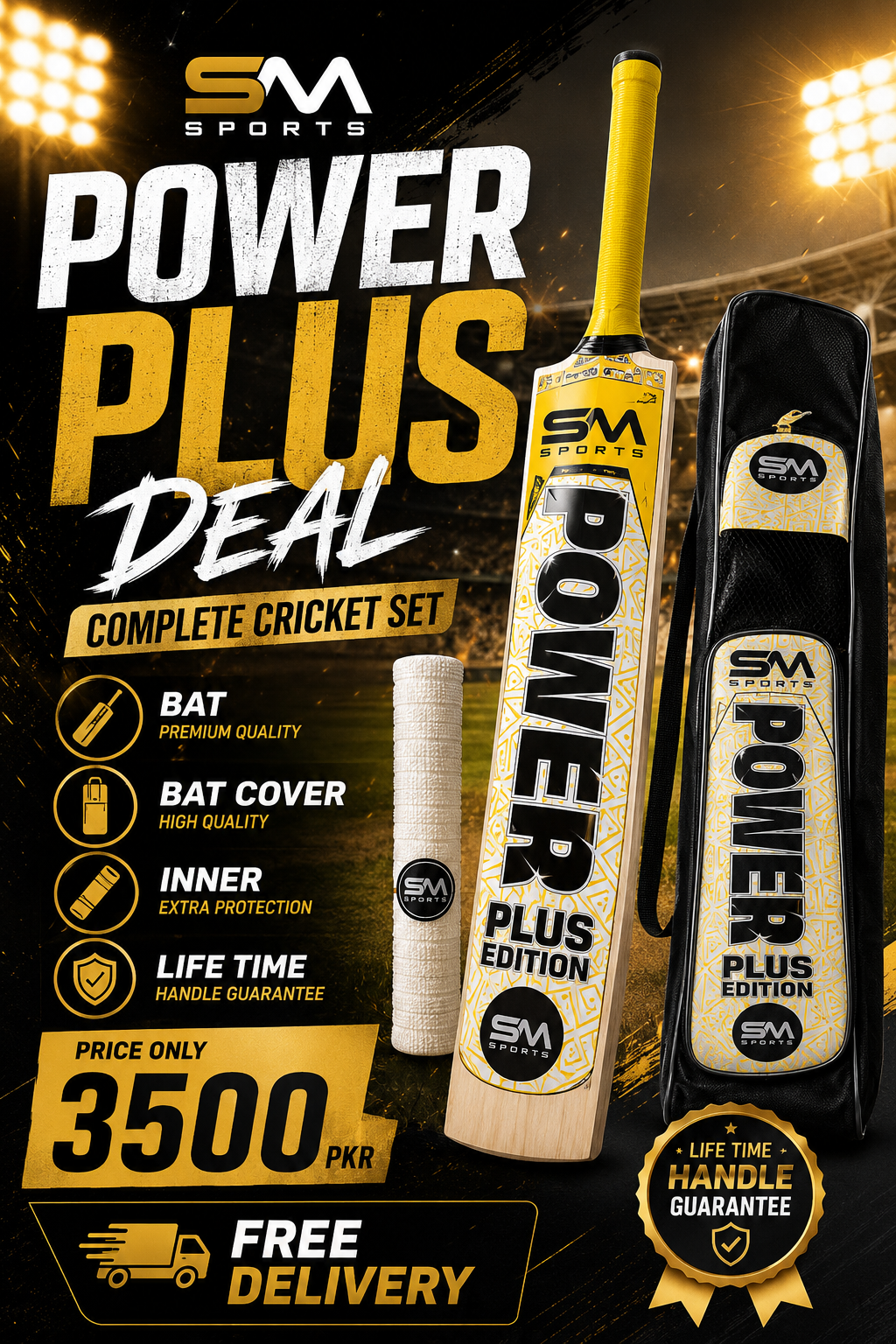 SM Power Plus Edition Cricket Bat with Premium Cover – Lifetime Handle Warranty | Pakistan